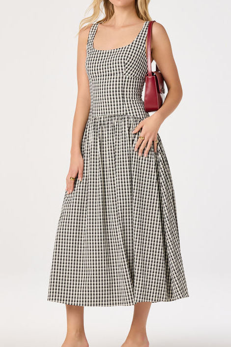 Square Neck Gingham A-Line Midi Dress