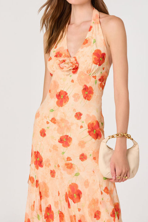 Floral Halter Twist Front Chiffon Maxi Dress