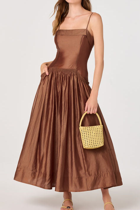 Smocked Drop Waist Satin Maxi Dress