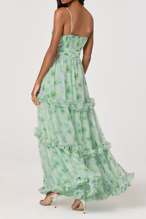 Floral Pleated Tiered Chiffon Maxi Dress