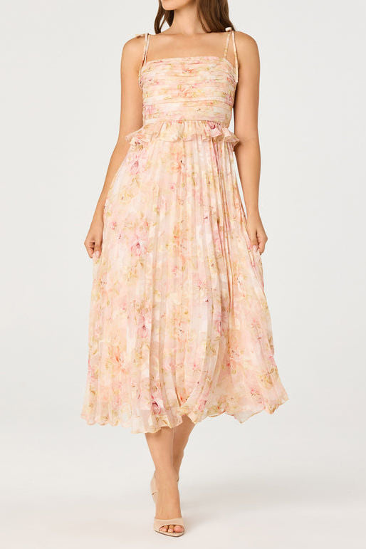 Tie Strap Pleated Floral Chiffon Midi Dress