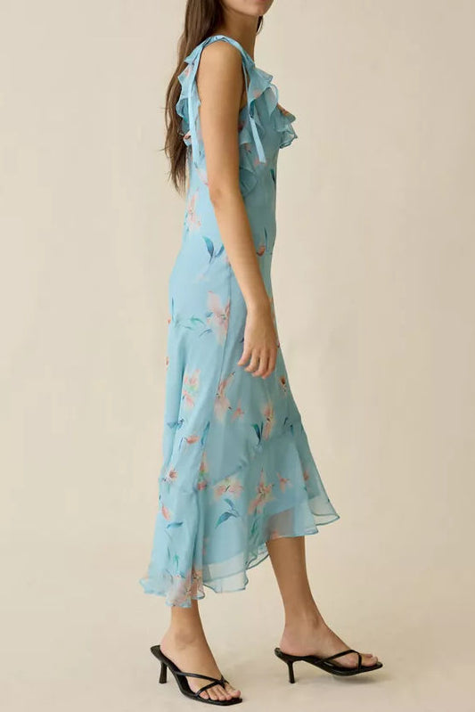 Cowl Neck Floral Ruffle Strap Midi Dress