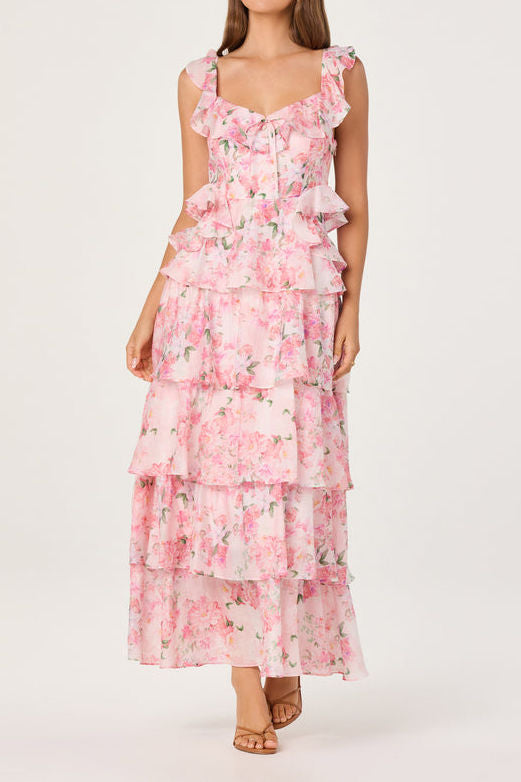 Ruffle Strap Floral Tiered Chiffon Maxi Dress