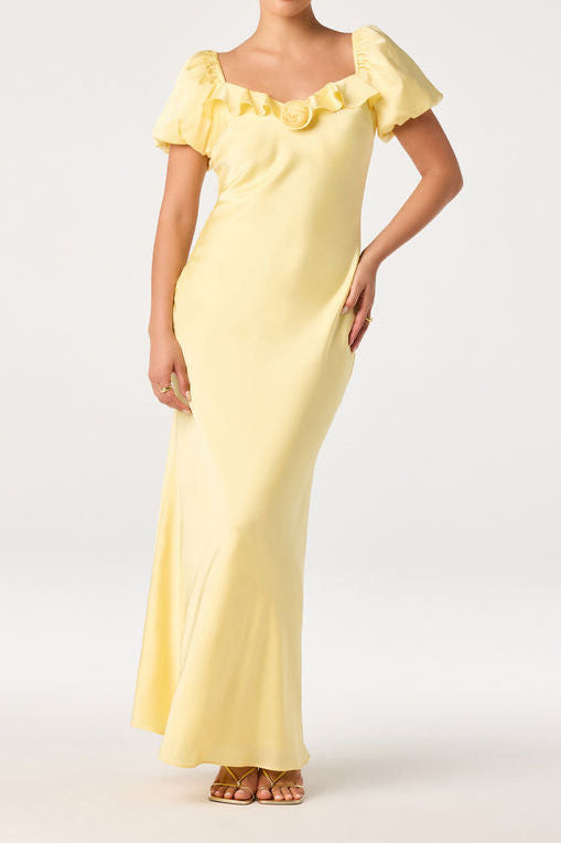 Puff Sleeve Rose Trim Maxi Dress