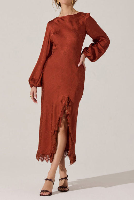 Floral Jacquard Long Sleeve Midi Dress
