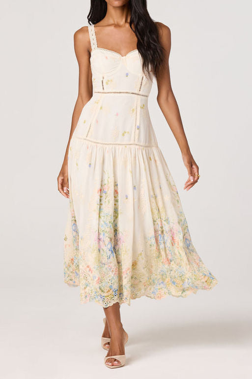 Petalgia Embroidered Eyelet Tiered Midi Dress