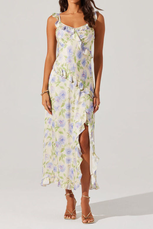 Ruffle Strap Floral Cowl Midi Dress