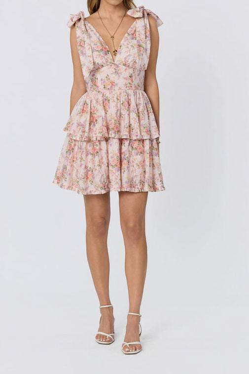Tie Shoulder Floral Tiered Mini Dress