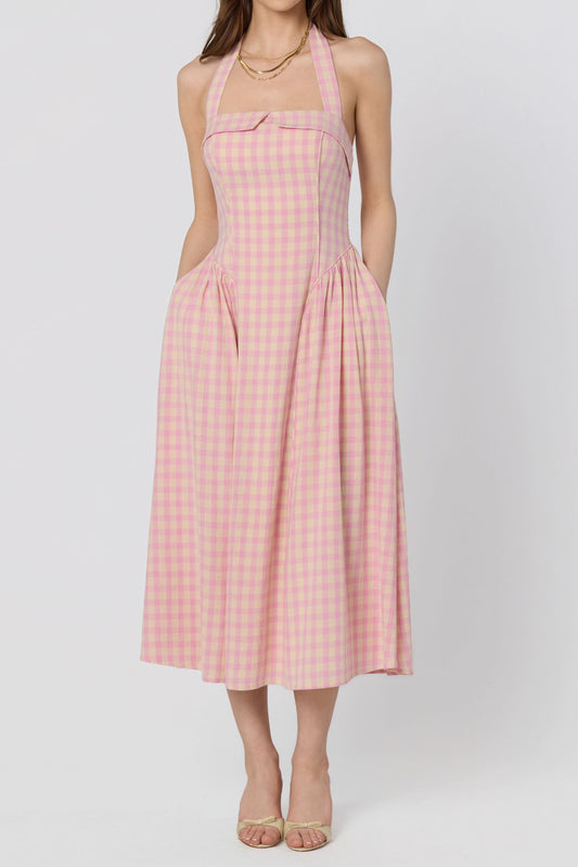 Gingham Halter Smocked A-Line Midi Dress