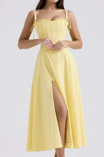 French Elegant Three-Dimensional Fishbone Lace-Up Top Yellow Strapless Dress Set