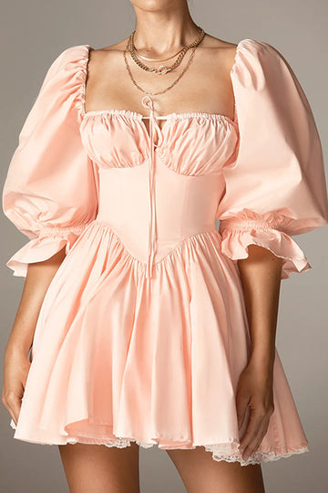 Fashion Sweet Style Bubble Sleeve Stitching Design Pleated High-end Skirt