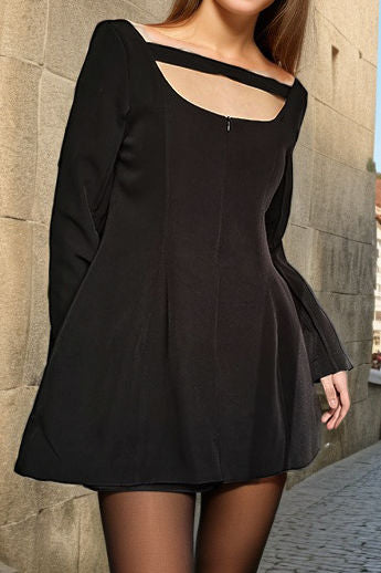 Simple Retro Square Collar Slim-fit High Waist All-match Black Backless Dress