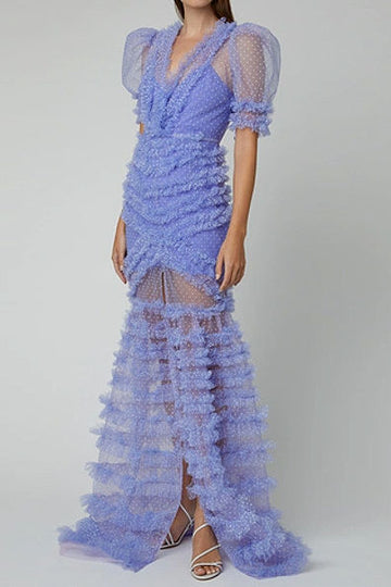 Simple Style Elegant V-neck Bubble Short-sleeved High Waist Slim-fit Mesh Dress