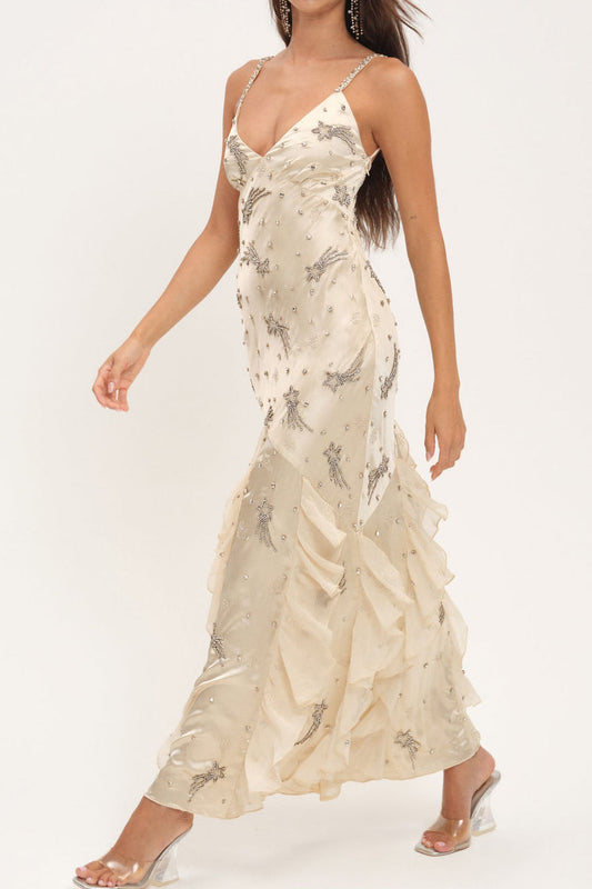 Beaded Star Ruffle Hem Maxi Dress