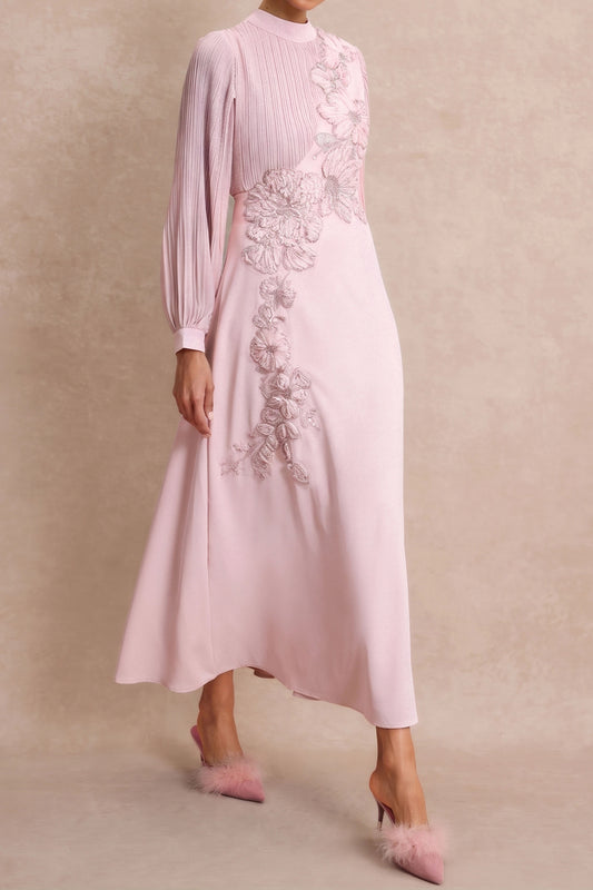 High Neck Pleated Floral Applique Maxi Dress