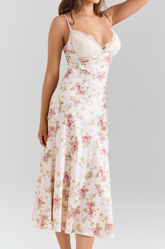 Lace Trim Floral Slip Midi Dress