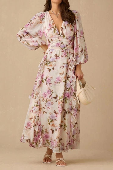 Rose Print Ruched Waist Maxi Dress