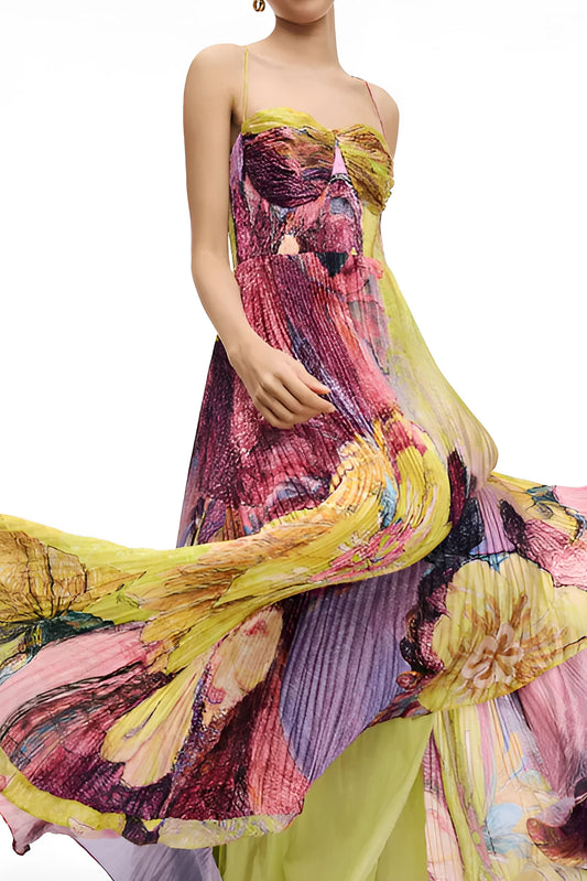 Pleated Floral Cami Chiffon Maxi Dress