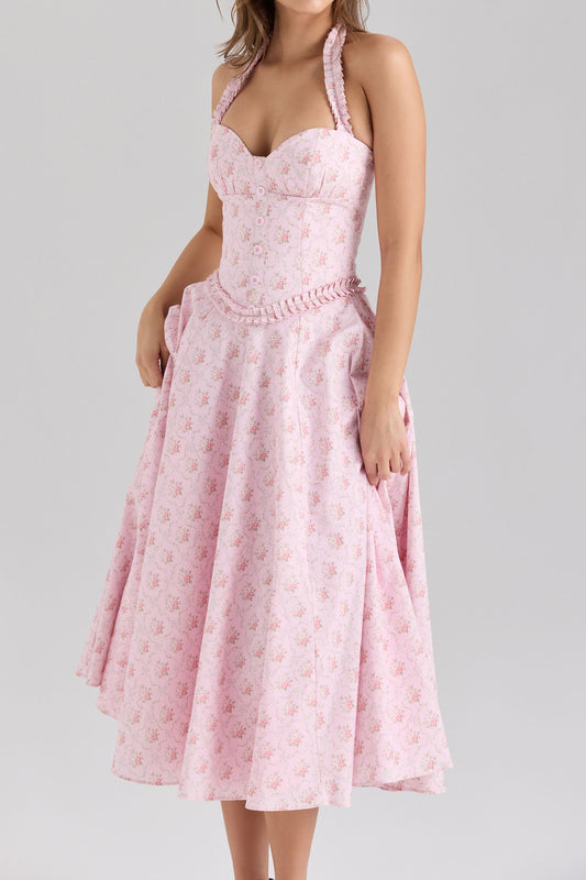 Halter Corset Button Front Midi Dress