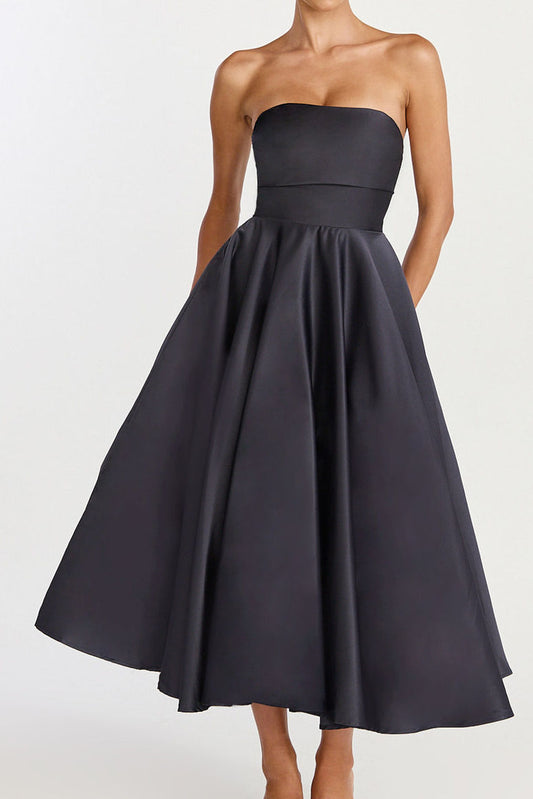 Strapless Satin Full Skirt Midi Dress