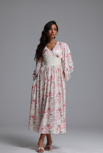Naira Resort Flowy V Neck Long Sleeve Floral Print Detailing Maxi Dress