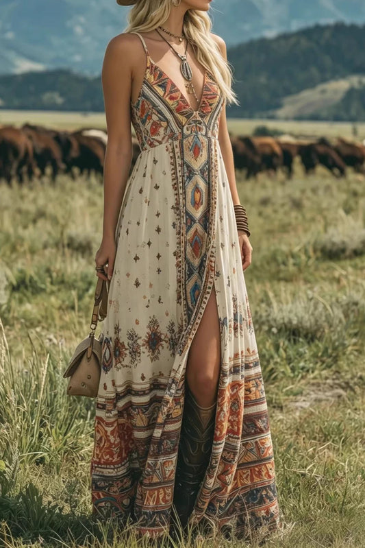 Bohemian V-Neck Sleeveless Printed Chiffon Long Dress