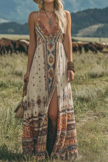 Bohemian V-Neck Sleeveless Printed Chiffon Long Dress
