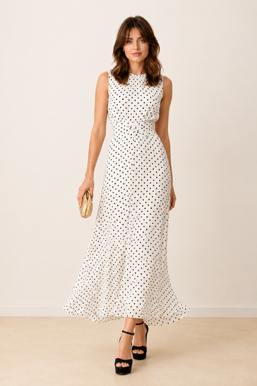 Polka-Dot Sleeveless French Waist-Cinching Dress