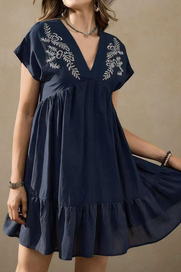 French Vintage Embroidered V-Neck Dress