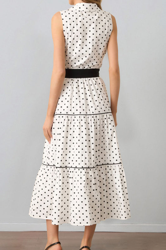 Elegant Sleeveless Turn-Down Collar Polka-Dot Dress