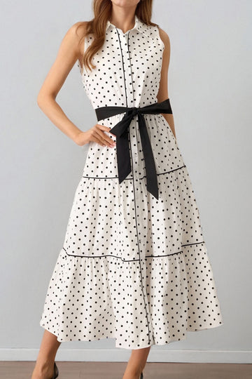 Elegant Sleeveless Turn-Down Collar Polka-Dot Dress