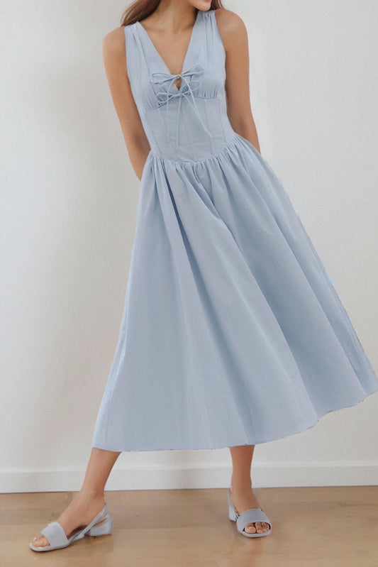 Fitted Spaghetti-Strap V-Neck Tie-Front Dress