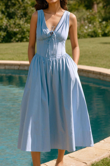 Fitted Spaghetti-Strap V-Neck Tie-Front Dress