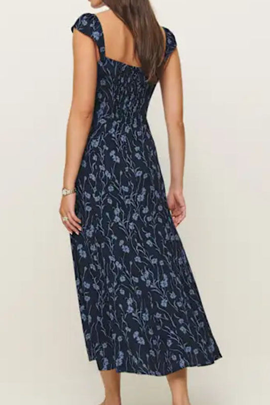 Elegant French Vintage Floral Fitted Spaghetti-Strap Dress