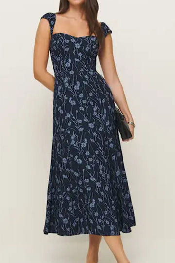 Elegant French Vintage Floral Fitted Spaghetti-Strap Dress