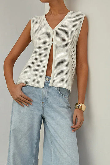 French Hollow-Out Irregular Design Knit Waistcoat-Style Top