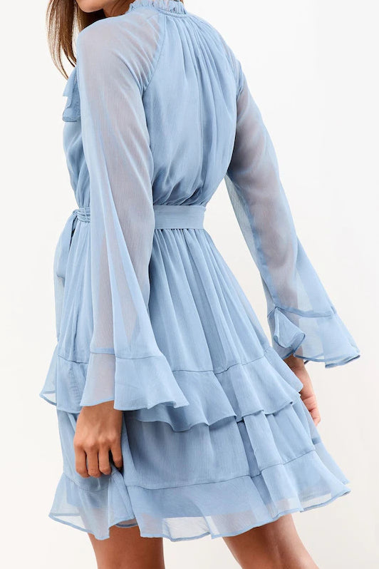 Solid Color Flared-Sleeve Ruffle V-Neck Dress