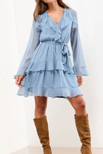Solid Color Flared-Sleeve Ruffle V-Neck Dress