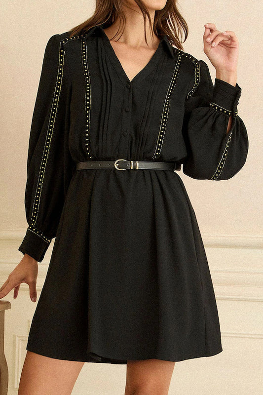 French-Style Panel Long Sleeve V-Neck Waist-Cinching A-Line Dress