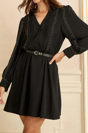French-Style Panel Long Sleeve V-Neck Waist-Cinching A-Line Dress