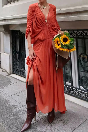V-Neck Ruffled Patchwork Batwing-Sleeve Solid Long Dress