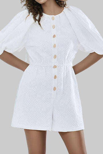 Japan & Korea Casual Solid Color Round-Neck Lantern Sleeve Short Jumpsuit