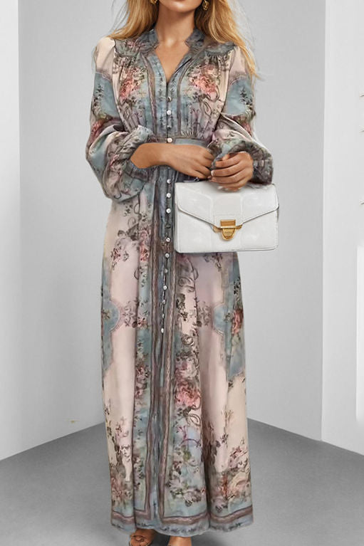 Vintage Court Style V-Neck Long-Sleeve Printed Flared Dress