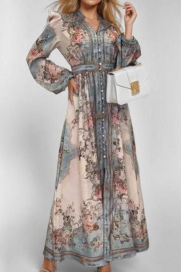 Vintage Court Style V-Neck Long-Sleeve Printed Flared Dress