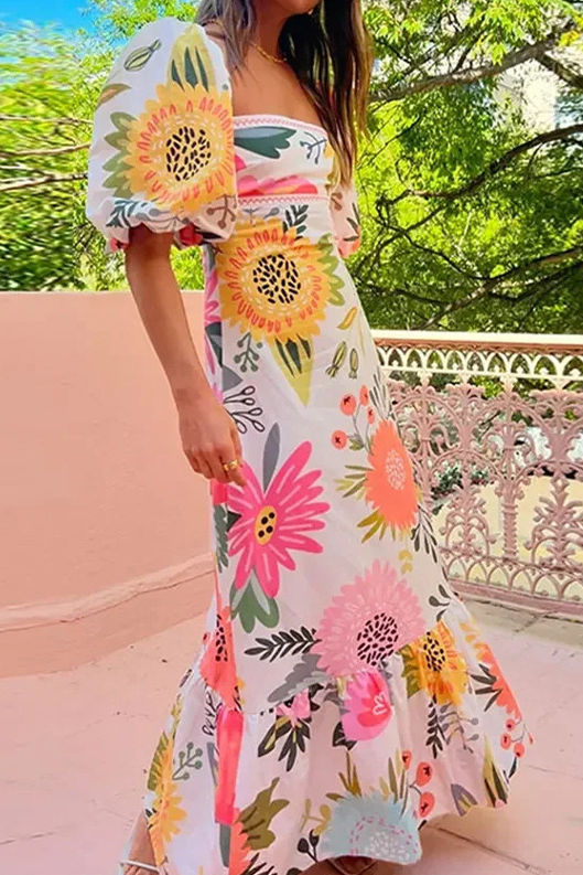 One-Shoulder Printed Puff Short-Sleeve Flared Dress