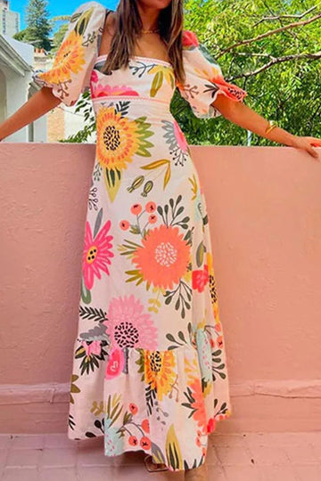 One-Shoulder Printed Puff Short-Sleeve Flared Dress