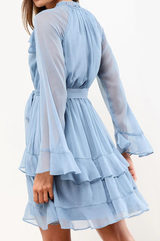 Sexy Hot-Girl Bell Sleeves Ruffle Trim Fashion V-Neck Dress