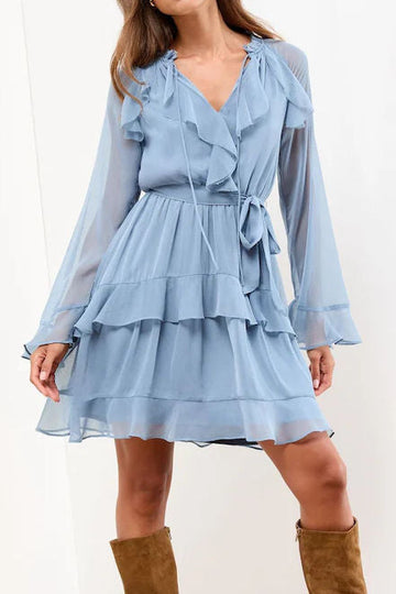 Sexy Hot-Girl Bell Sleeves Ruffle Trim Fashion V-Neck Dress