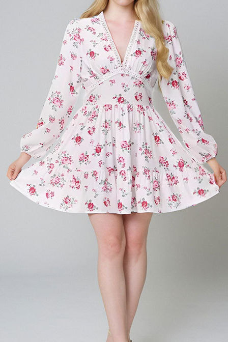 Sweet Floral V-Neck Lace Short-Sleeve Long-Sleeve Dress