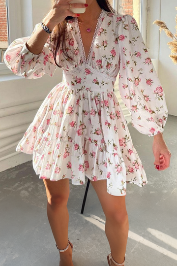 Sweet Floral V-Neck Lace Short-Sleeve Long-Sleeve Dress